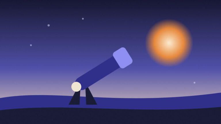 Telescopio apuntando al horizonte al amanecer