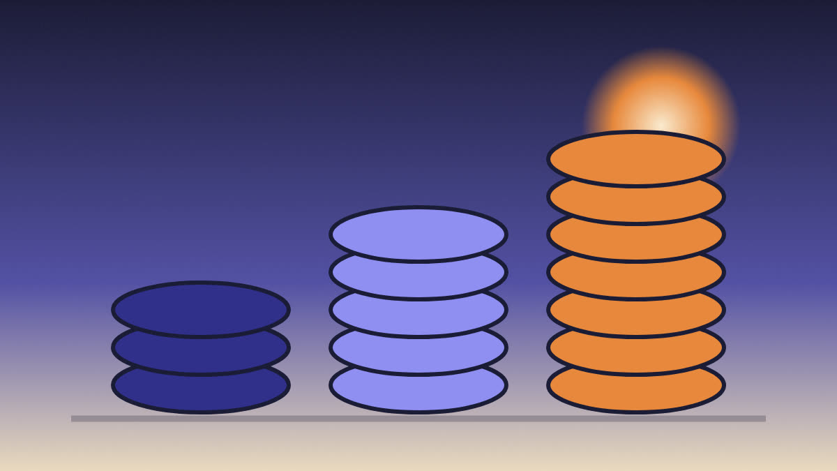 Tres pilas de monedas de altura creciente