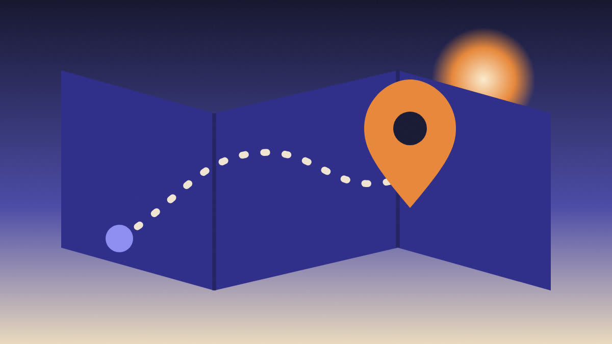 Mapa con un recorrido punteado y un pin de destino