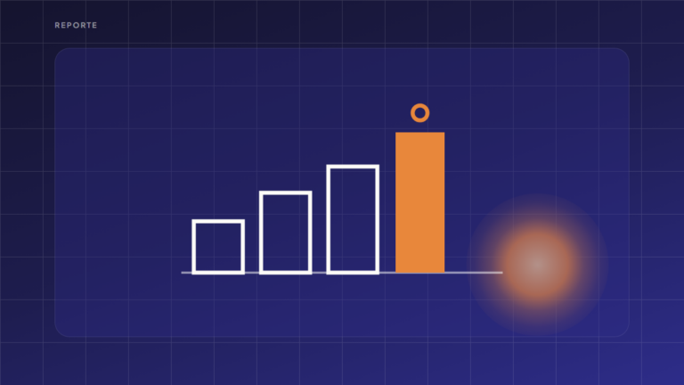 Gráfico de barras ascendente con la barra final naranja, sobre cielo degradado indigo con sol bajo