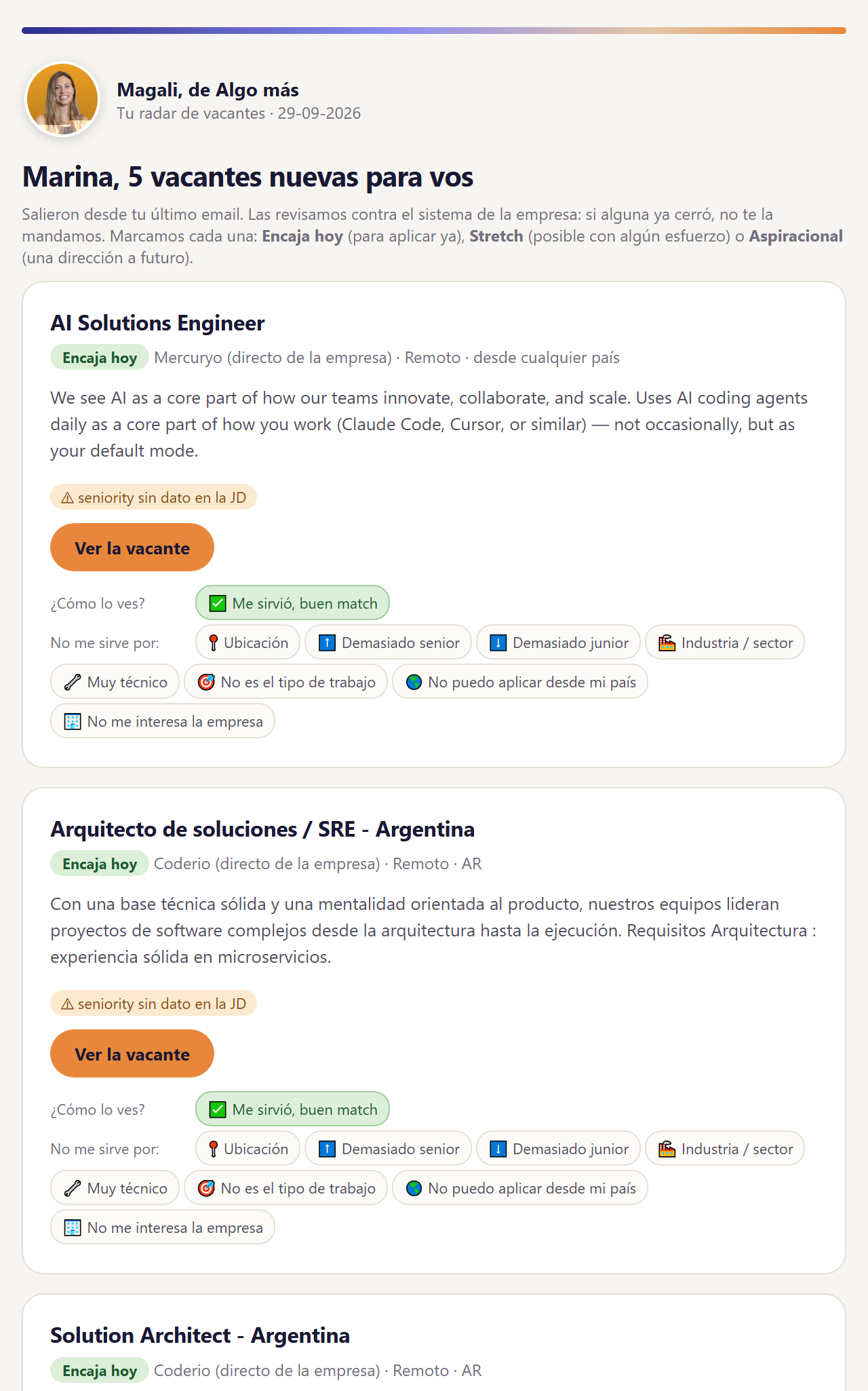 Correo real de Radar: vacantes marcadas Encaja hoy, con el motivo y si el aviso es directo de la empresa o de una consultora